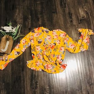 Ambiance Yellow Blouse w/Floral Print, Ruffle Detail